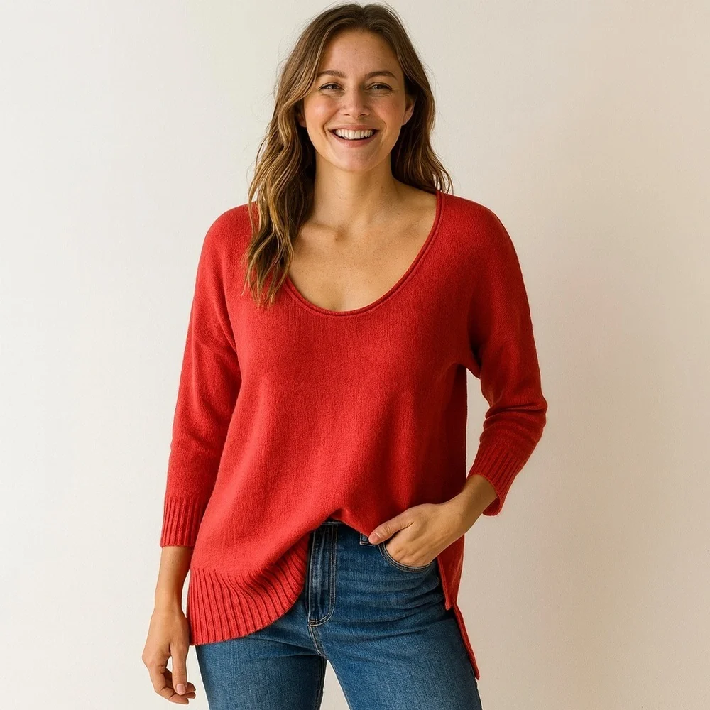 Moth Red Scoop Neck Sweater | Size Medium | Cotton Silk Blend | Anthropologie